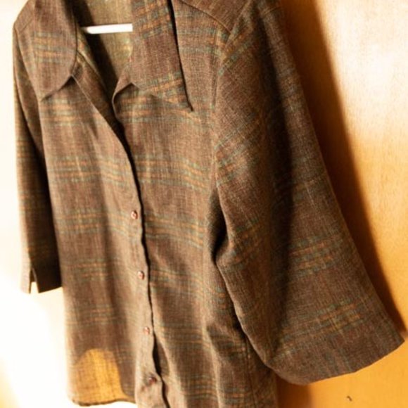 VIN Darcy Brown with Orange and Blue Plaid Shirt womens L - Picture 4 of 10